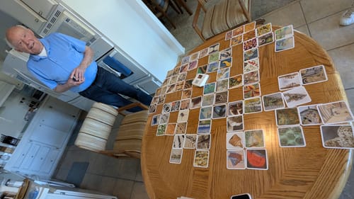 An elderly customer smiling while playing the OuiSi Nature game with photo cards spread across a wooden table.