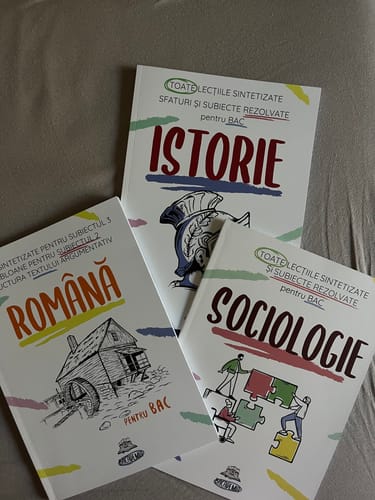 Customer's Bacademia Bacalaureat books for Romanian, History, and Sociology stacked on a flat surface.