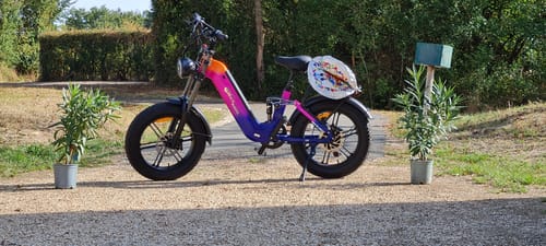 Customer's CMACEWHEEL V20 fat bike in a bright pink and purple gradient, parked on a gravel path outdoors.