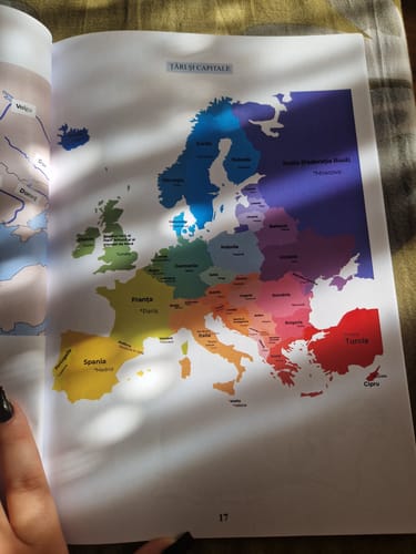Reviewer's Bacademia Geography Baccalaureate book showing a colorful map of Europe with labeled countries and capitals.