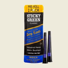Customer's Lemon Cherry Gelato Deep Roots pre-roll packaging with two black pre-rolled cones shown standing next to it.