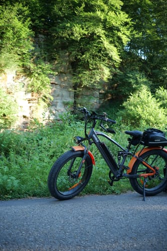 Customer's silver-gray Vakole CO26 fat bike parked on a paved road with a stone wall and green trees in the background.