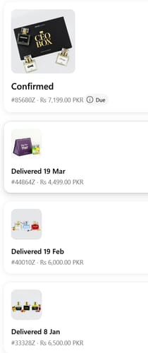 Customer's order history showing the CEO Box collection and other past Zing fragrance orders
