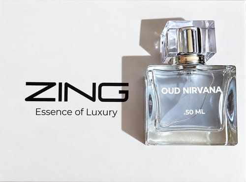 Customer's Oud Nirvana perfume bottle with a clear glass body, silver cap, and Zing branding on a white background.