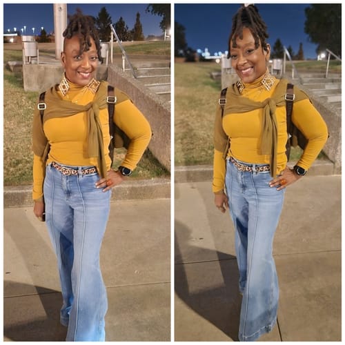 Reviewer wearing Judy Blue high waist palazzo jeans with a center seam in a flowy, flared silhouette.
