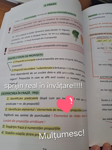Reviewer's manual pentru limba română deschis la pagina 74, cu explicații gramaticale și un sticker cu inimă.