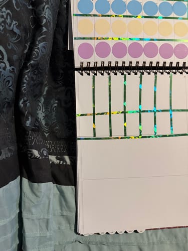 Close-up: Reviewer's Nancy Planner showing a decorated weekly layout and included sheets of colorful stickers.