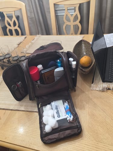 Customer photo review of Men’s Hanging Toiletry Bag Leather with Multiple Compartments | Waterproof Travel Grooming Organizer