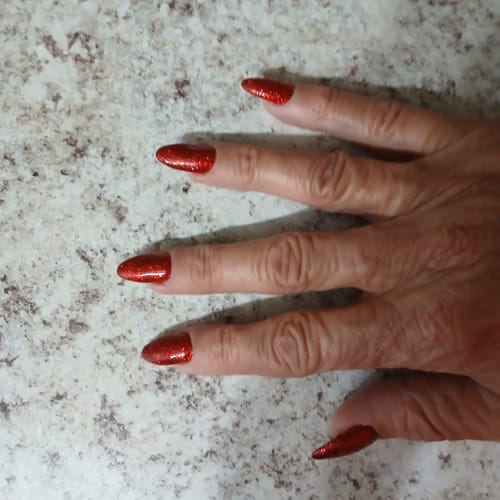Customer photo review of P135 Infatuated Red Glitter Nail Polish