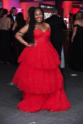 Customer photo review of Godiva Pleated Tulle Tiered Ball Gown by Bariano - RENTAL