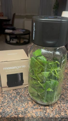 Customer's Mason Genie Vacuum Sealer on a glass jar filled with spinach, next to the product's box.