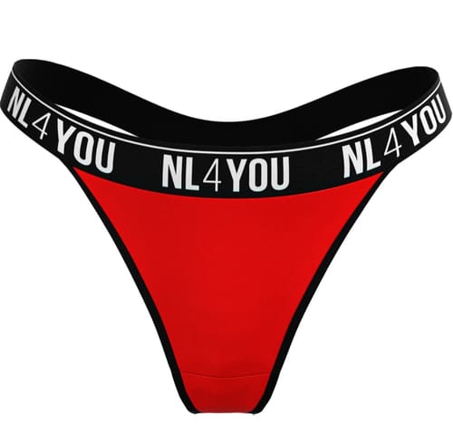 Customer's red thong with a wide, black elastic waistband featuring the 'NL4YOU' logo.