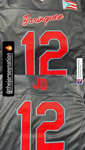 Customer's custom black Puerto Rico Heritage Football Jersey with 'Borinquen', number '12', and initials 'JD'.