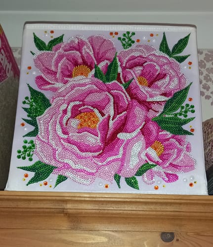 Reviewer's crystal art design of pink peonies on a storage box, protected with the Crystal Art Sealer.