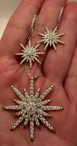 Reviewer holding the sparkling star-shaped earring and pendant set in their hand.