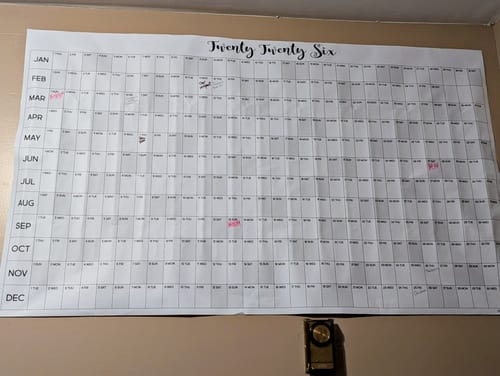 Customer's large 2026 Yearly Calendar mounted on a wall, displaying the entire year in a grid format.