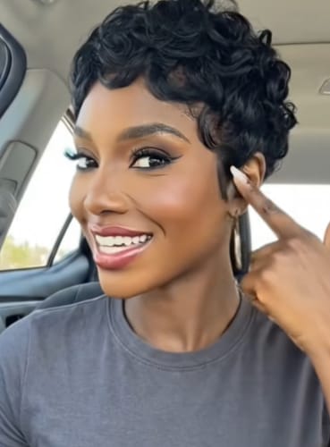 Customer photo review of Luvwin Full Lace Wave Curls Short Pixie Cut Wig 100% Human Hair