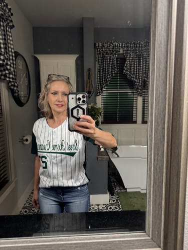 Customer photo review of Custom White Green Pinstripe Personalized Two-Tone Authentic Baseball Jersey