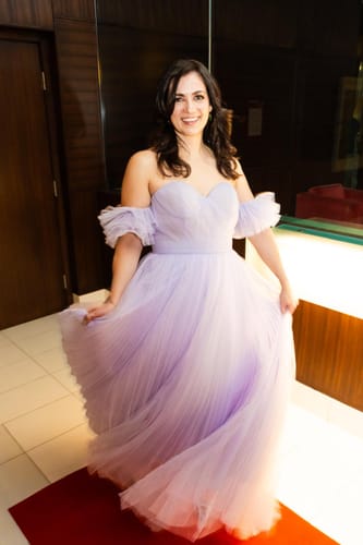 Customer photo review of Venetia Gown in Lilac by Mac Duggal - RENTAL