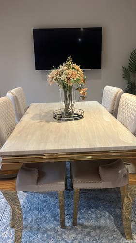 Customer photo review of Cream Marble & Gold Dining Set With Victoria Cream & Gold Lion Knocker Velvet Chairs