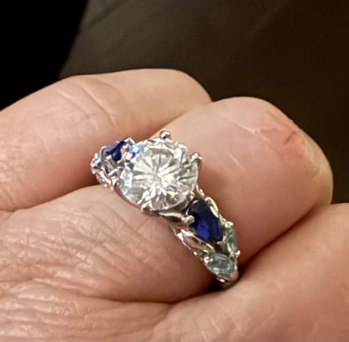 Customer photo review of Moissanite And Cluster Sapphire Filigree Vine Engagement Ring