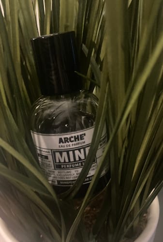 Recensore mostra il profumo Archè, la cui boccetta scura è posizionata tra le foglie verdi di una pianta.