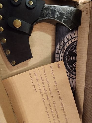 Customer photo review of Hand forged axe “OTHALA” with leather cover