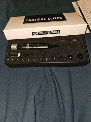 Customer's new Site Right™ 2.0 - Boresighter kit displayed in its open black case with various attachments.