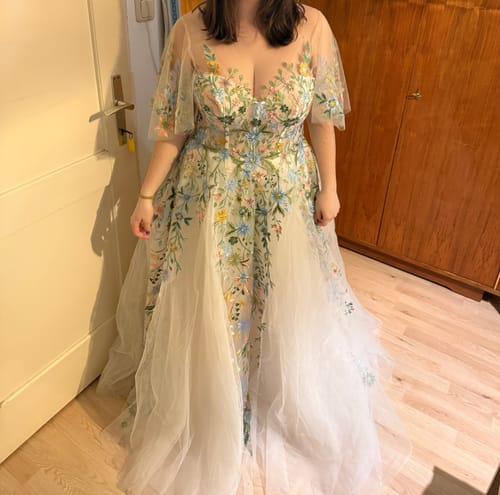 Customer photo review of Corset Illusion Boat Neck Floral Embroidery Dress with Sleeves