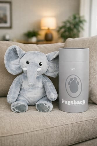 Recensent's zachte Olifant verzwaringsknuffel op een bank, naast de bijbehorende verpakking.