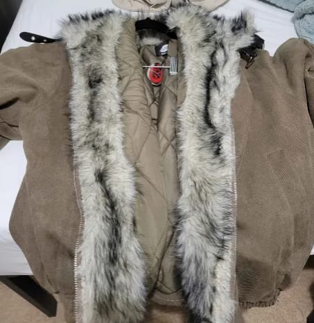 Customer photo review of Omirad Faux Fur Collar Suede-Texture Buckle Bomber Jacket