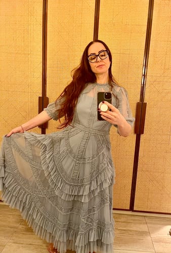 Customer photo review of Periwinkle Ruffle Midi Dress by Mac Duggal - RENTAL