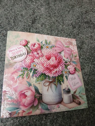 Customer's completed birthday card from the Vintage Summer Card Making Kit, showing a pink floral design with 3D bead details.