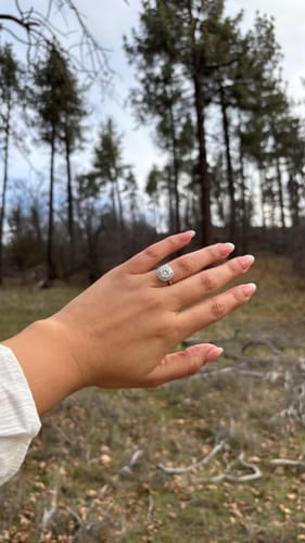 Customer photo review of Dina 3.5 Carat Cushion Cut Halo Moissanite Diamond Ring in 10k White Gold