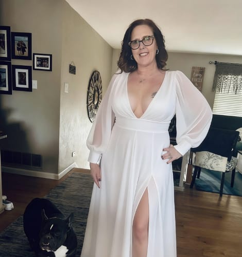 Customer photo review of V Neck A Line Long Sleeve Chiffon Wedding Dress With Slit