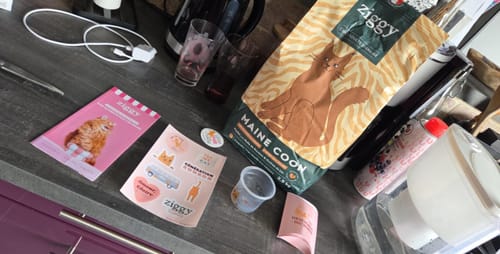 Avis d'un client : sac de croquettes Maine Coon et cadeaux promotionnels posés sur un comptoir.