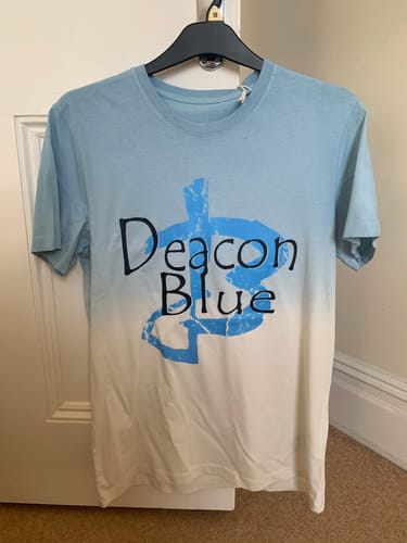 Customer's custom blue and white dip-dye t-shirt, showing the 'Deacon Blue' graphic on the front.