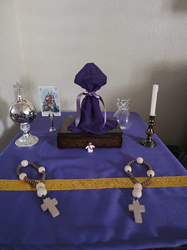 Customer photo review of Holy Card Stand, Tall – (Holy Card Not Included) – Silver-Colored Steel Stand to Display Holy Card
