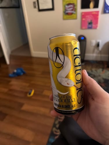 Customer's hand holding a gold can of Deftones Milk of the Madonna Horchata Blonde Ale in a living room.
