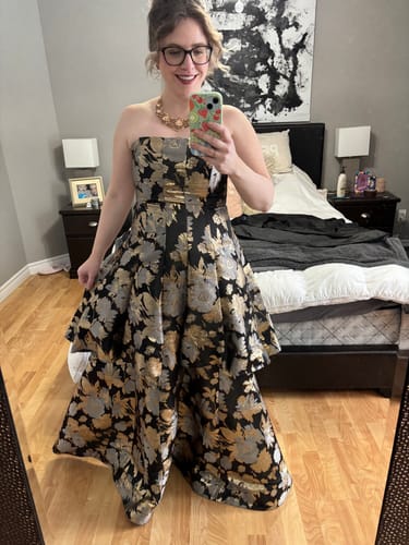 Customer photo review of The Monaco Strapless Jacquard Gown by Aidan Mattox - RENTAL