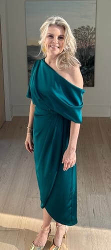 Customer photo review of Rayna One Shoulder Draped Dress in Teal by Theia Couture - RENTAL