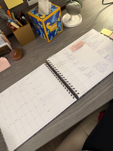 Reviewer's Nancy Planner open on a desk, showing the side-by-side monthly and weekly views filled with handwritten notes.