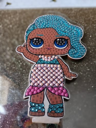 Reviewer's partially completed "Splash Queen" Crystal Art Buddy, showing sparkly crystals on the wooden template.