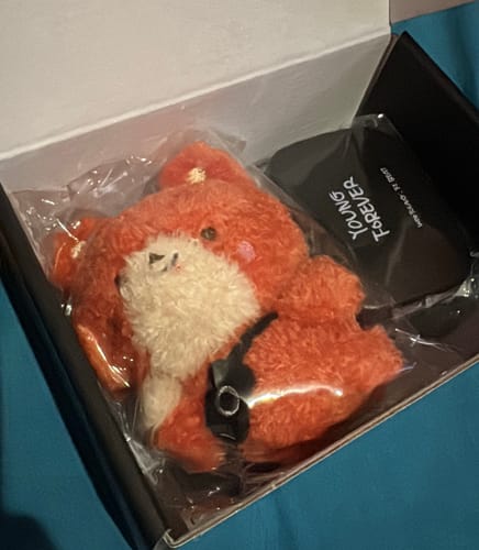 Customer's unboxing of the ATEEZ - WOOYOUNG : FY. BEAT merchandise, with a fluffy orange plush toy visible in the packaging.