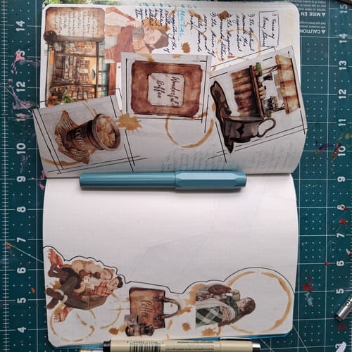 Reviewer's journal spread decorated with sepia-toned Vintage Café Memoirs Stickers in a collage.