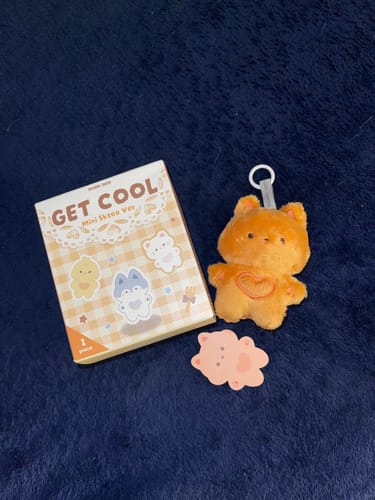 Customer's orange MINI SKZOO plush keychain with its packaging and a sticker on a blue surface.