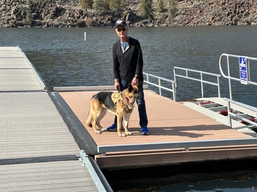 Customer with their German Shepherd wearing the tan Tactical Dog Harness on a dock by the water.