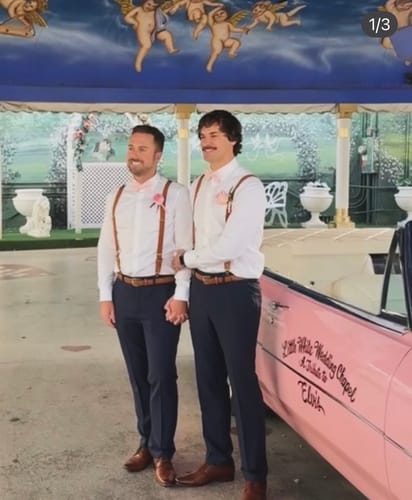 Customer photo review of Blush Bow Tie & Cognac Buckle Suspenders