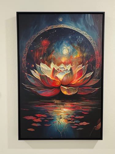 Reviewer's Midnight Lotus Flower canvas print hanging on a wall. The art features a vibrant lotus flower against a dark cosmic background.