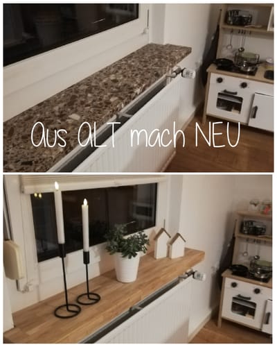 Kundenbild: Vorher-Nachher-Ansicht einer Fensterbank, die mit Easy-Sticks aus Eiche erneuert wurde.
